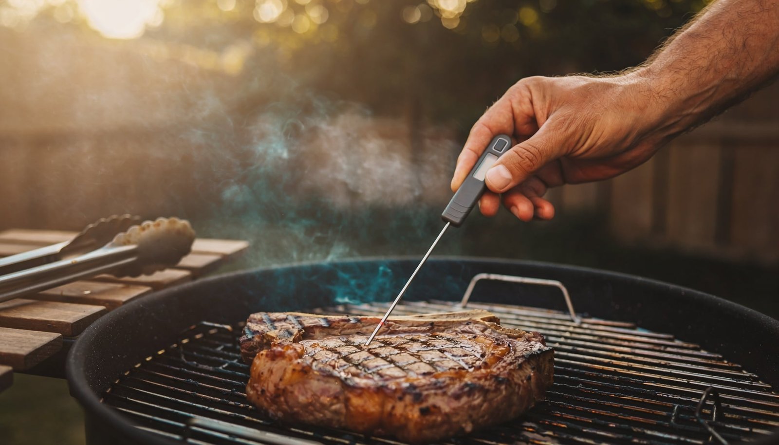 Instant-read meat thermometer checking the internal temperature of a grilled steak on a backyard charcoal grill.
