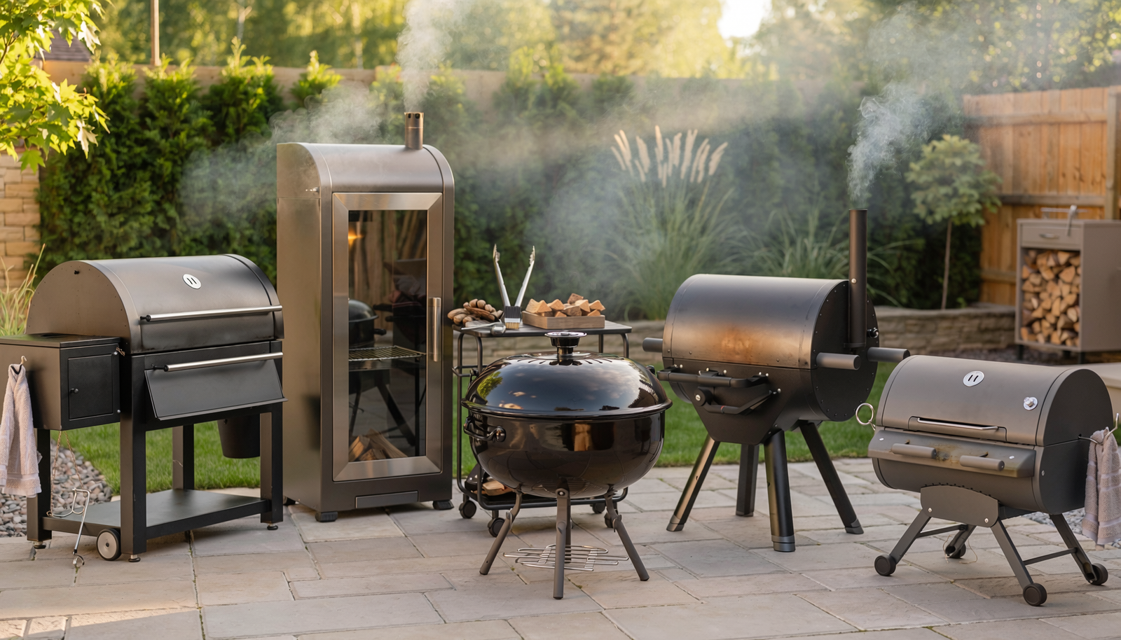 Different styles of backyard smokers arranged on an outdoor patio for a beginner smoker buying guide.