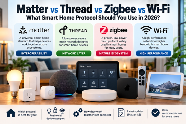 Smart home network diagram comparing Matter Thread Zigbee and Wi-Fi connectivity