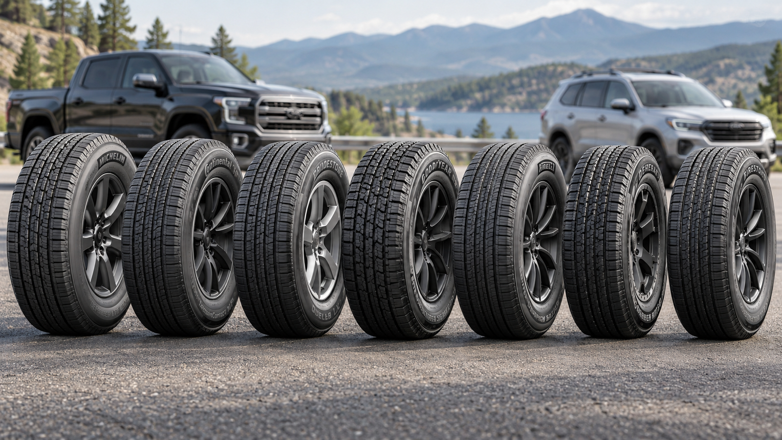 Seven highway tire models displayed on a scenic paved roadside with a pickup truck and SUV in the background.